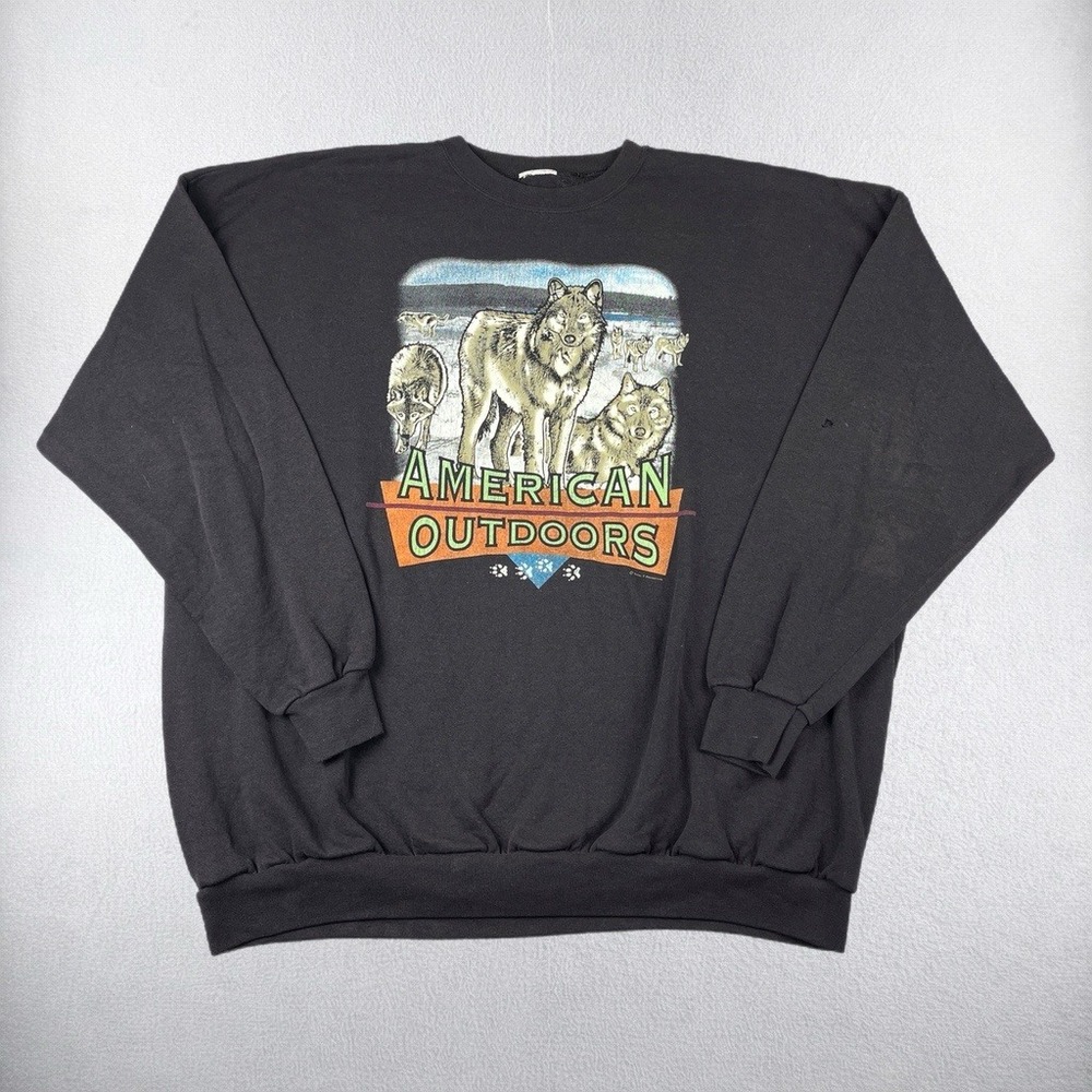 VTG American Outdoors Sweatshirt Men 2XL Black Wolf Graphic Crewneck Fleece 90s